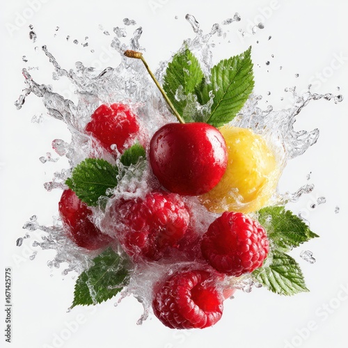 high resolution fruit splash with fresh leaves