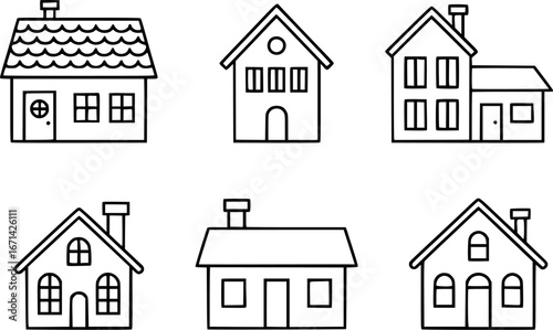 Collection of six simple, hand-drawn house outlines with varying architectural styles