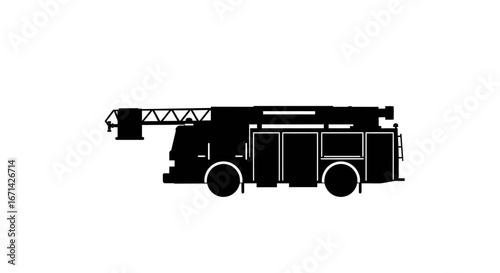 A detailed black silhouette of a modern fire truck with an extended ladder and equipment compartments against a white background