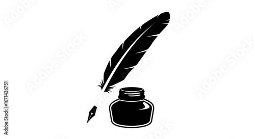 A vintage quill pen poised above a small inkwell with a tiny ink splatter representing writing and creativity silhouette