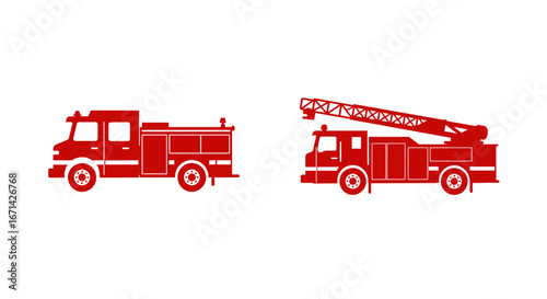 Two distinct red fire truck vehicles shown in a clean graphic silhouette style against a white background representing emergency services and transportation