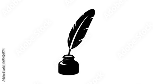 A classic black silhouette of a quill pen standing upright in a small inkwell against a clean white background evoking historical writing and literature