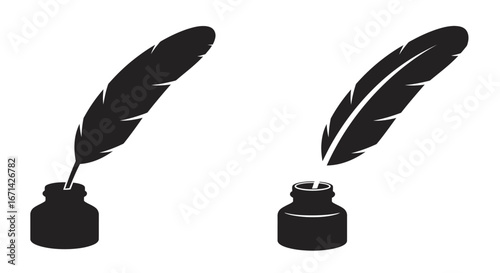 Two classic quill pens dipping into inkwells creating a timeless artistic representation of writing and literature silhouette