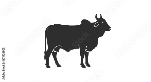A detailed black silhouette of a majestic zebu bull standing proudly against a clean white background showcasing its distinctive hump and horns silhouette