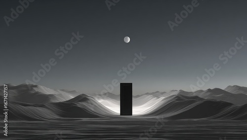 Monolithic structure in a bleak, mountainous landscape under a crescent moon