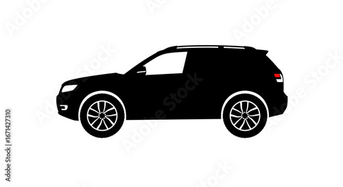 Stylized black silhouette of a modern suv with detailed white rimmed wheels against a clean white background showcasing a simple yet distinctive vehicle design silhouette