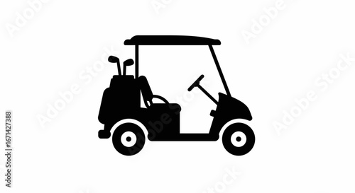 Simple black silhouette of a golf cart with a bag of clubs and steering wheel on a white background