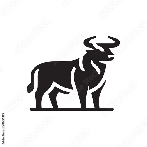 Stylized Black Silhouette of a Bull with Curving Horns and Strong Stance.