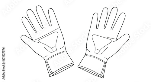 Pair of white racing gloves with stitched detailing shown from a top down perspective in a clean outline silhouette