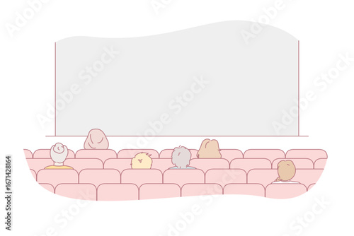 Rear view of people sitting in movie theater watching premier show. Viewers or clients enjoy evening in cinema look at projection screen. Mockup, motion picture. Vector illustration.