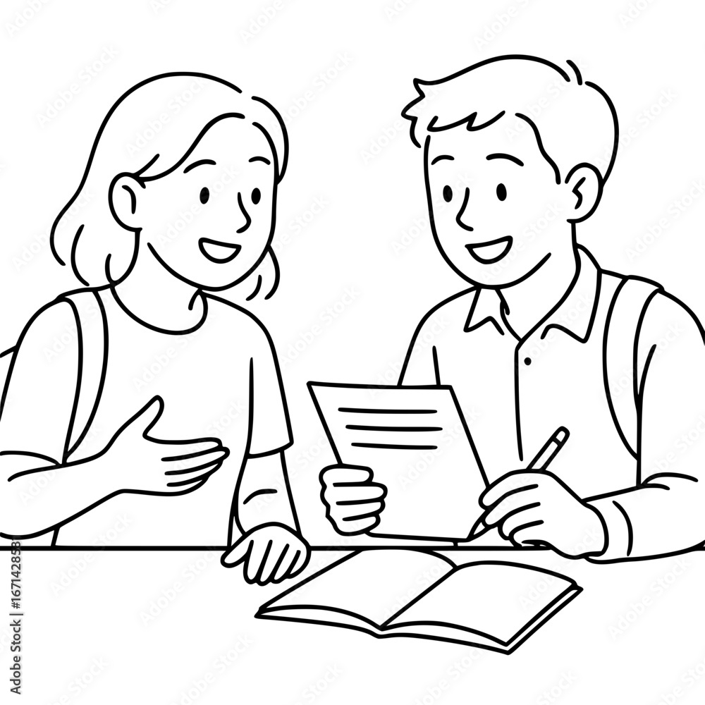 Two students discussing an assignment. Outline style. Two students discussing an assignment. Outline style.