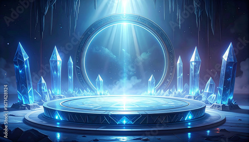 Circular stage glowing ice crystal frosty mist frozen fantasy magical portal blue light mystical atmosphere fantasy landscape ethereal dramatic lighting create sense of wonder