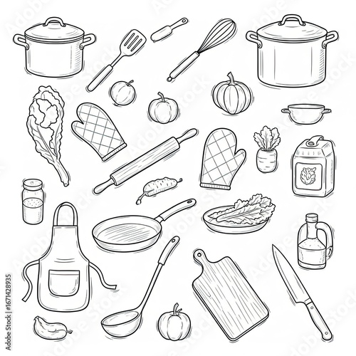 Doodle vector set of cooking and kitchen items.