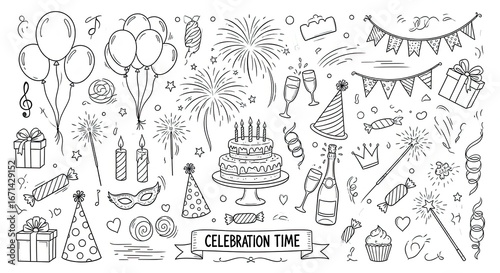 Festival & Celebration — hand-drawn doodle vector illustration set. Black ink cartoon line art on a white background