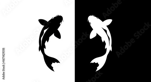 Pure black & white minimalist illustration, vertical half split. Left: black silhouette of a koi fish swimming upward on white. Right: mirrored white koi on black