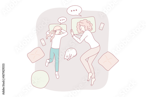 Depressed couple cry at cat gravestone at cemetery. Unwell stressed man and woman owners mourn grieve after domestic pet passing away. Canine memorial. Vector illustration.