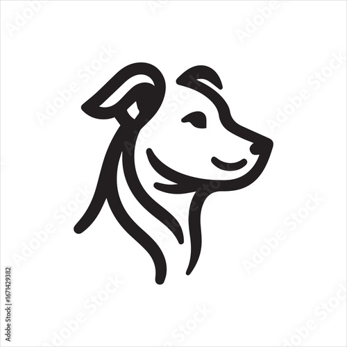 Stylized dog head profile with simple lines and a happy expression.
