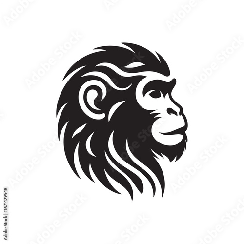 Stylized Gorilla Head Silhouette with Decorative Tribal Hair Design.