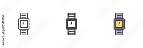 Wristwatch wearable device icon set in line, solid and filled outline style