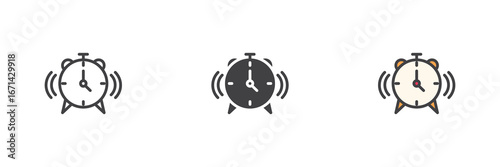 Alarm clock icon set in line, solid and filled outline style