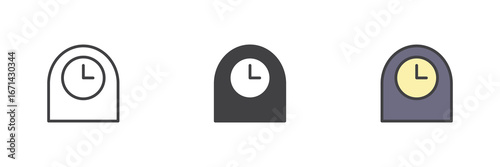 Mantel clock icon set in line, solid and filled outline style