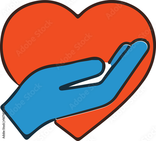 Caring hand gently holds a vibrant orange heart symbol with a medical eye icon prominently featured symbolizing health and compassion vector