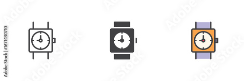 Smartwatch device icon set in line, solid and filled outline style