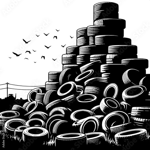 Black and White Vector Silhouette of Tires Piled in a Junkyard