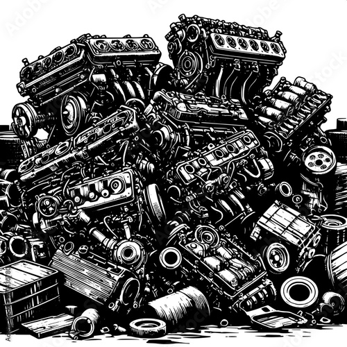 Black and White Vector Silhouette of Rusty Engines in a Junkyard