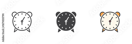 Retro alarm clock icon set in line, solid and filled outline style