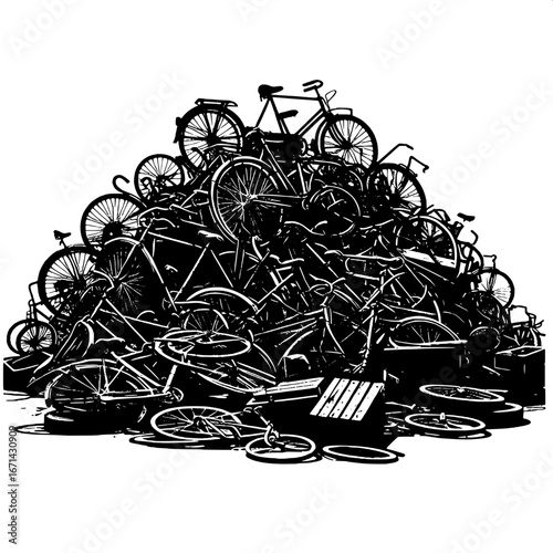 Black and White Vector Silhouette of Rusty Bicycles in a Junkyard