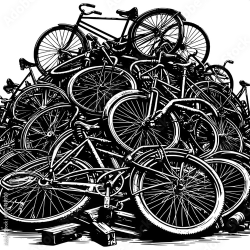 Black and White Vector Silhouette of Rusty Bicycles in a Junkyard