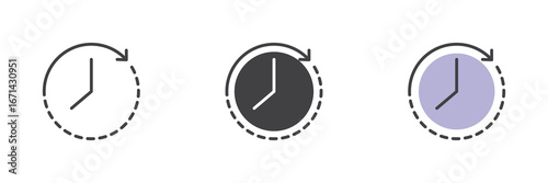Clock progress icon set in line, solid and filled outline style