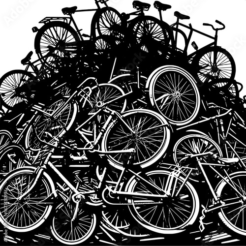 Black and White Vector Silhouette of Rusty Bicycles in a Junkyard