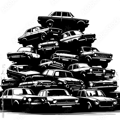 Black and White Vector Silhouette of Old Cars Stacked in a Junkyard
