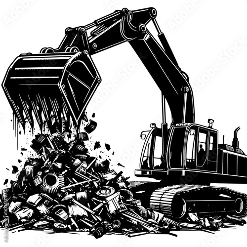 Black and White Vector Silhouette of a Scrap Loader in Action at a Junkyard