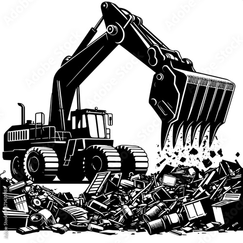 Black and White Vector Silhouette of a Scrap Loader in Action at a Junkyard