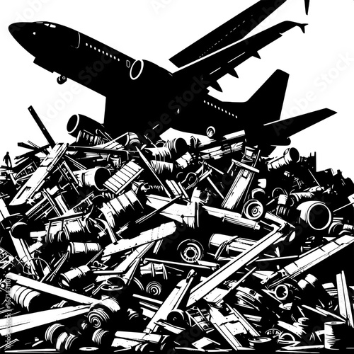 Black and White Vector Silhouette of Airplane Parts in a Junkyard