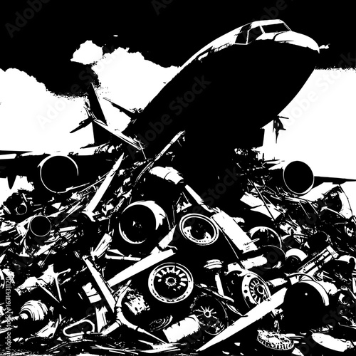 Black and White Vector Silhouette of Airplane Parts in a Junkyard
