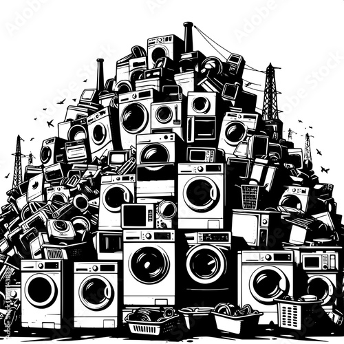 Black and White Vector Silhouette of Washing Machines Discarded in a Junkyard