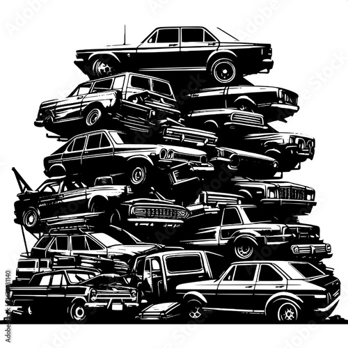 Black and White Vector Silhouette of Old Cars Stacked in a Junkyard