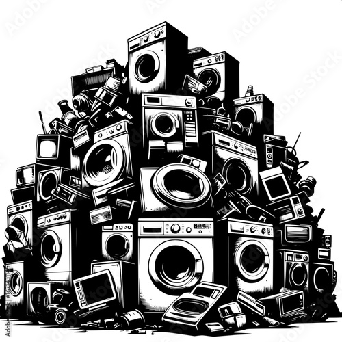 Black and White Vector Silhouette of Washing Machines Discarded in a Junkyard