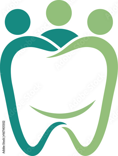 Dental care logo of three stylized people embracing a tooth, symbolizing community health and dental well-being