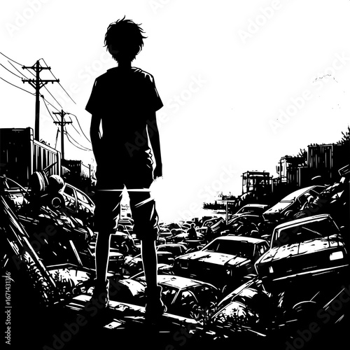 Black and White Vector Silhouette of a Boy Standing at the Edge of a Junkyard