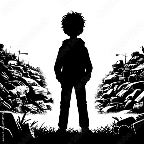 Black and White Vector Silhouette of a Boy Standing at the Edge of a Junkyard