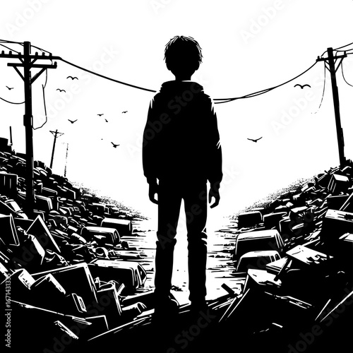 Black and White Vector Silhouette of a Boy Standing at the Edge of a Junkyard