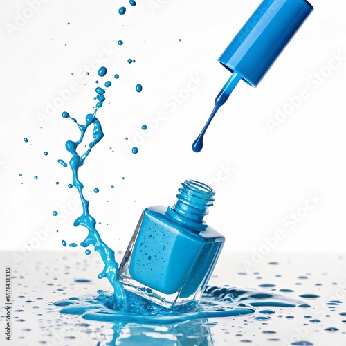 Blue Nail Polish Splashing from Bottle Isolated on White