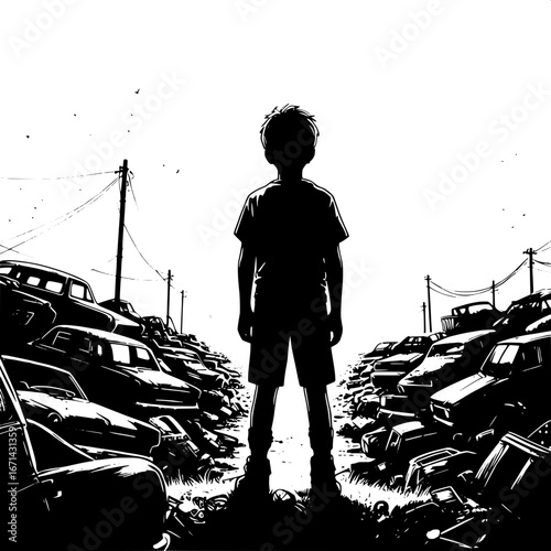 Black and White Vector Silhouette of a Boy Standing at the Edge of a Junkyard