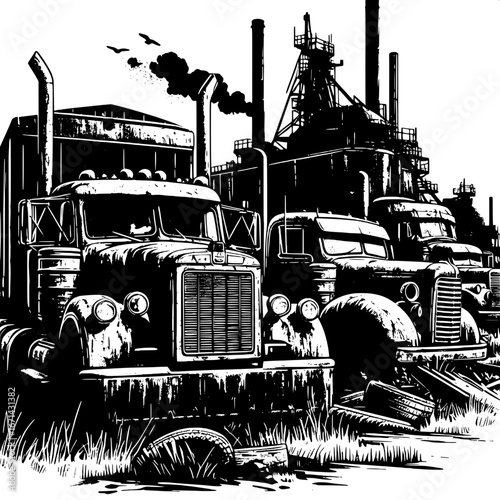 Black and White Vector Silhouette of Abandoned Trucks in a Junkyard