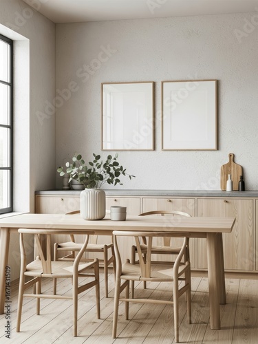 Wallpaper Mural Two mockup poster frames hanging above a Scandinavian-style dining area with minimalist decor, natural wood furniture, and soft neutral tones Torontodigital.ca